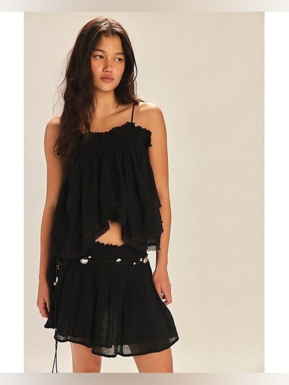 Free People Layla Low Rise Black lace cut out strappy Top & Mini Skirt Set